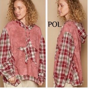 New POL Star Patch Plaid Flannel Long Sleeve Hooded Top Hoodie  Size Large